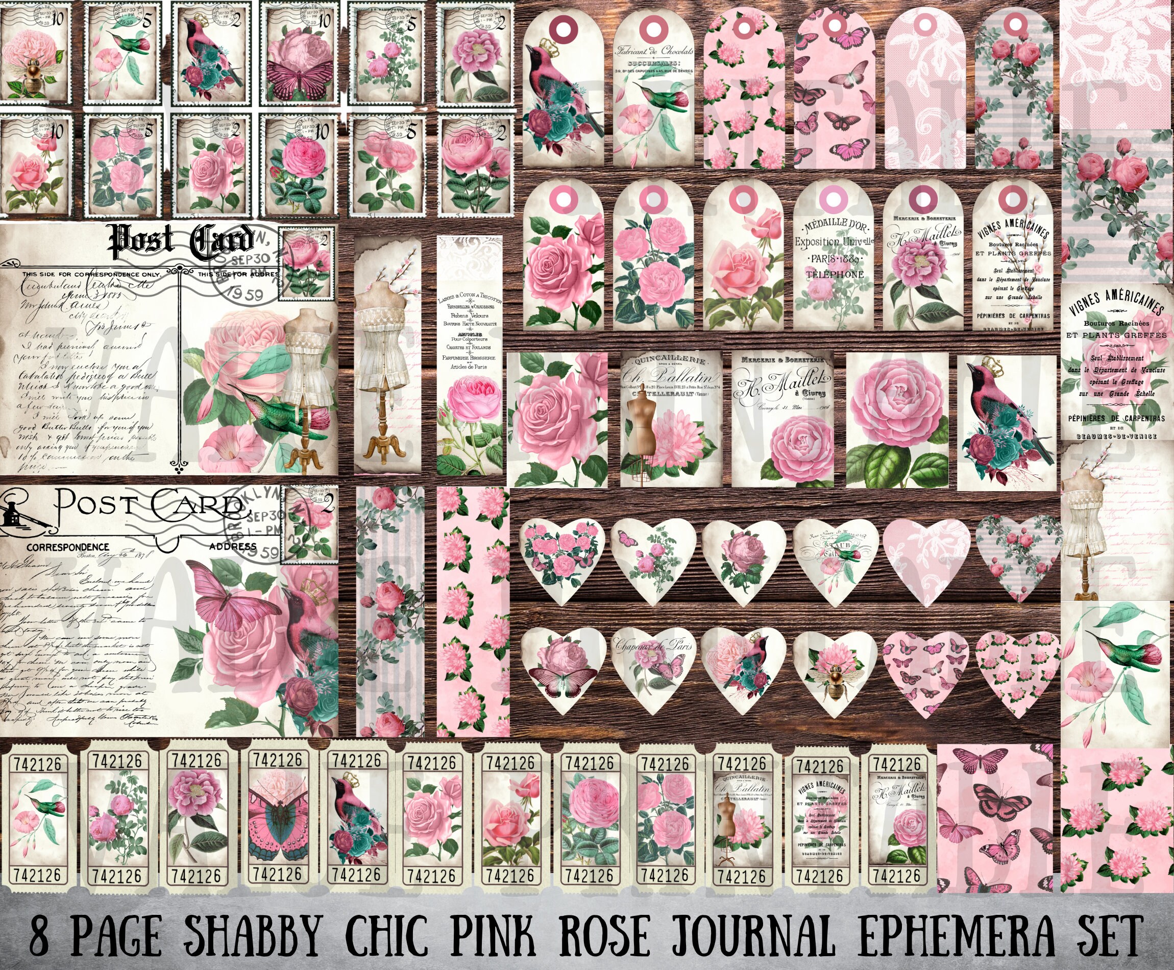 Shabby Chic Pink Rose Junk Journal Kit: Vintage Ephemera (digital ...