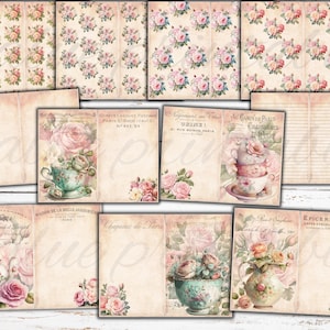 May include: A digital paper pack with 12 printable pages featuring vintage floral designs, teacups, and French text. The pages are perfect for scrapbooking, card making, and other paper crafts.