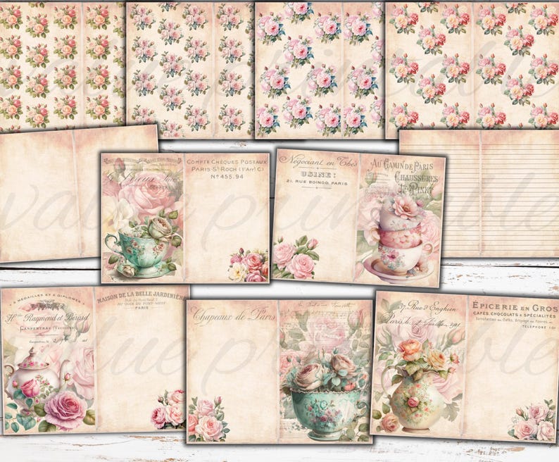 May include: A digital paper pack with 12 printable pages featuring vintage floral designs, teacups, and French text. The pages are perfect for scrapbooking, card making, and other paper crafts.
