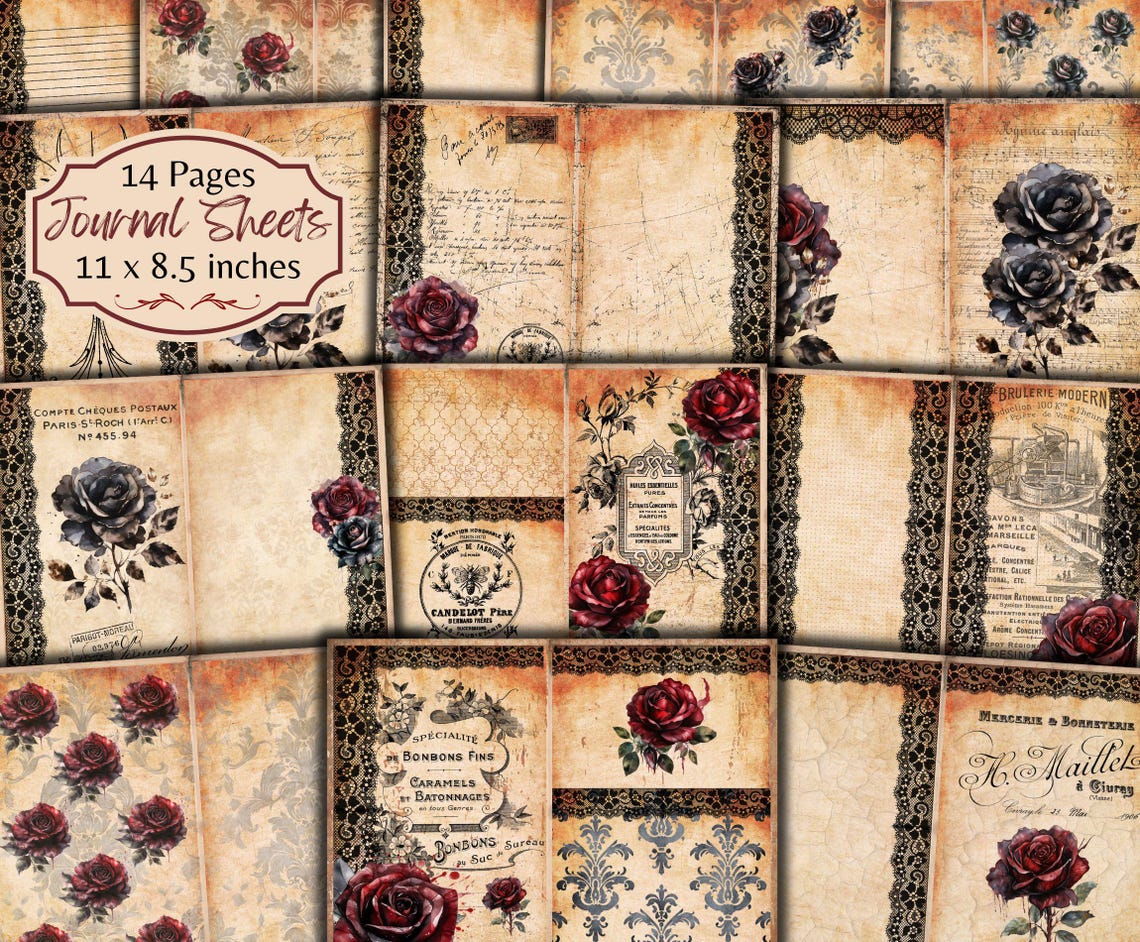 Black Lace Roses Junk Journal Pages: Gothic Floral Collage (digital ...