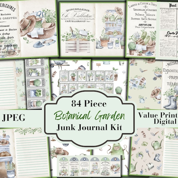 84 Piece Vintage Botanical Garden Junk Journal Kit - Printable Pages -Gardener Ephemera - ATC Cards -Digital Download - Botanical - JPEG