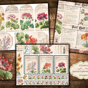 Puede incluir: Una hoja de collage digital con 119 ilustraciones florales vintage y texto. La hoja incluye 10 p&aacute;ginas de im&aacute;genes con una variedad de flores, incluyendo geranios, pensamientos y rosas. Las im&aacute;genes est&aacute;n en un estilo vintage con un aspecto descolorido y desgastado. La hoja es perfecta para scrapbooking, creaci&oacute;n de tarjetas y otras manualidades de papel.