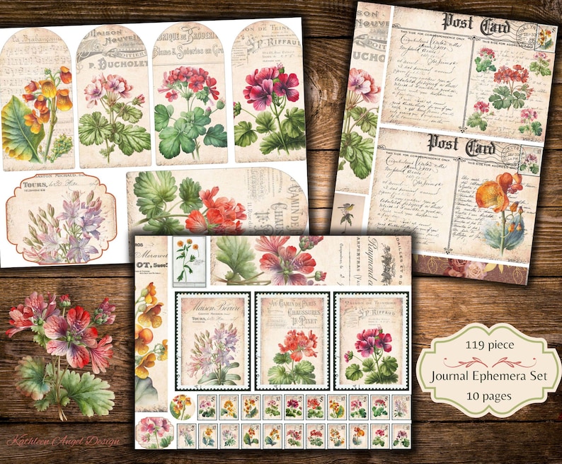 Puede incluir: Una hoja de collage digital con 119 ilustraciones florales vintage y texto. La hoja incluye 10 p&aacute;ginas de im&aacute;genes con una variedad de flores, incluyendo geranios, pensamientos y rosas. Las im&aacute;genes est&aacute;n en un estilo vintage con un aspecto descolorido y desgastado. La hoja es perfecta para scrapbooking, creaci&oacute;n de tarjetas y otras manualidades de papel.