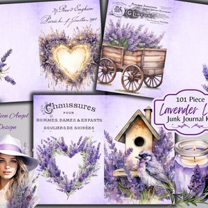 Lavender Love Purple Floral Botanical Junk Journal Kit - Vintage Ephemera - Digitale download - JPG - Gratis fysiek commercieel gebruik