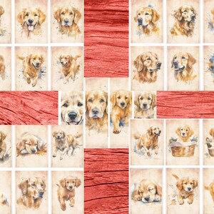 Pu&ograve; includere: Un collage di dipinti ad acquerello con cani golden retriever in varie pose. I cani sono raffigurati in una variet&agrave; di ambientazioni, tra cui campi, foreste e case. I dipinti sono tutti realizzati in uno stile realistico, con attenzione ai dettagli.