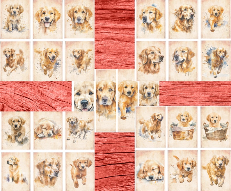 Pu&ograve; includere: Un collage di dipinti ad acquerello con cani golden retriever in varie pose. I cani sono raffigurati in una variet&agrave; di ambientazioni, tra cui campi, foreste e case. I dipinti sono tutti realizzati in uno stile realistico, con attenzione ai dettagli.