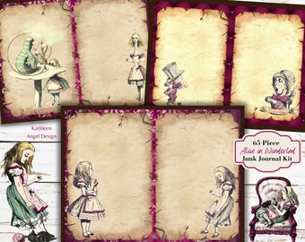 Alice In Wonderland Junk Journal Kit - Printable Pages - Ephemera - Digital Download - JPG - Free Physical Commercial Use