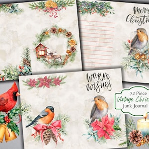 Vintage Christmas Junk Journal Kit - afdrukbaar - botanische ephemera - digitaal - ATC - JPG - gratis fysieke commerciële licentie