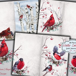 Winter Cardinal Junk Journal Kit - botanische kerst afdrukbaar - vogel Ephemera - digitaal - JPG - gratis fysiek commercieel gebruik