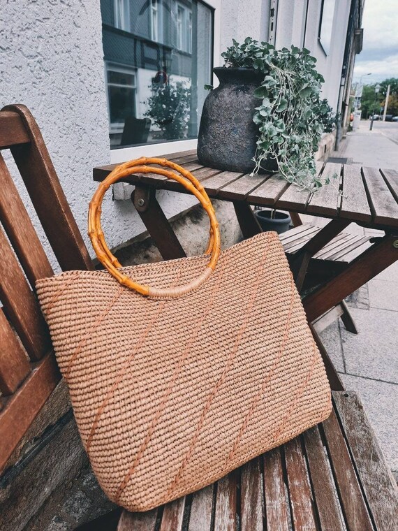 Natural Raffia Tote Bag With Bamboo Handle Feminist Kraft Etsy