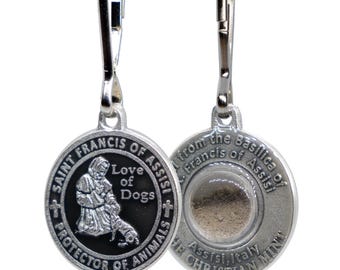 St Francis of Assisi Pet Medal: Black Enamel Dog Collar Medallion with Assisi Soil