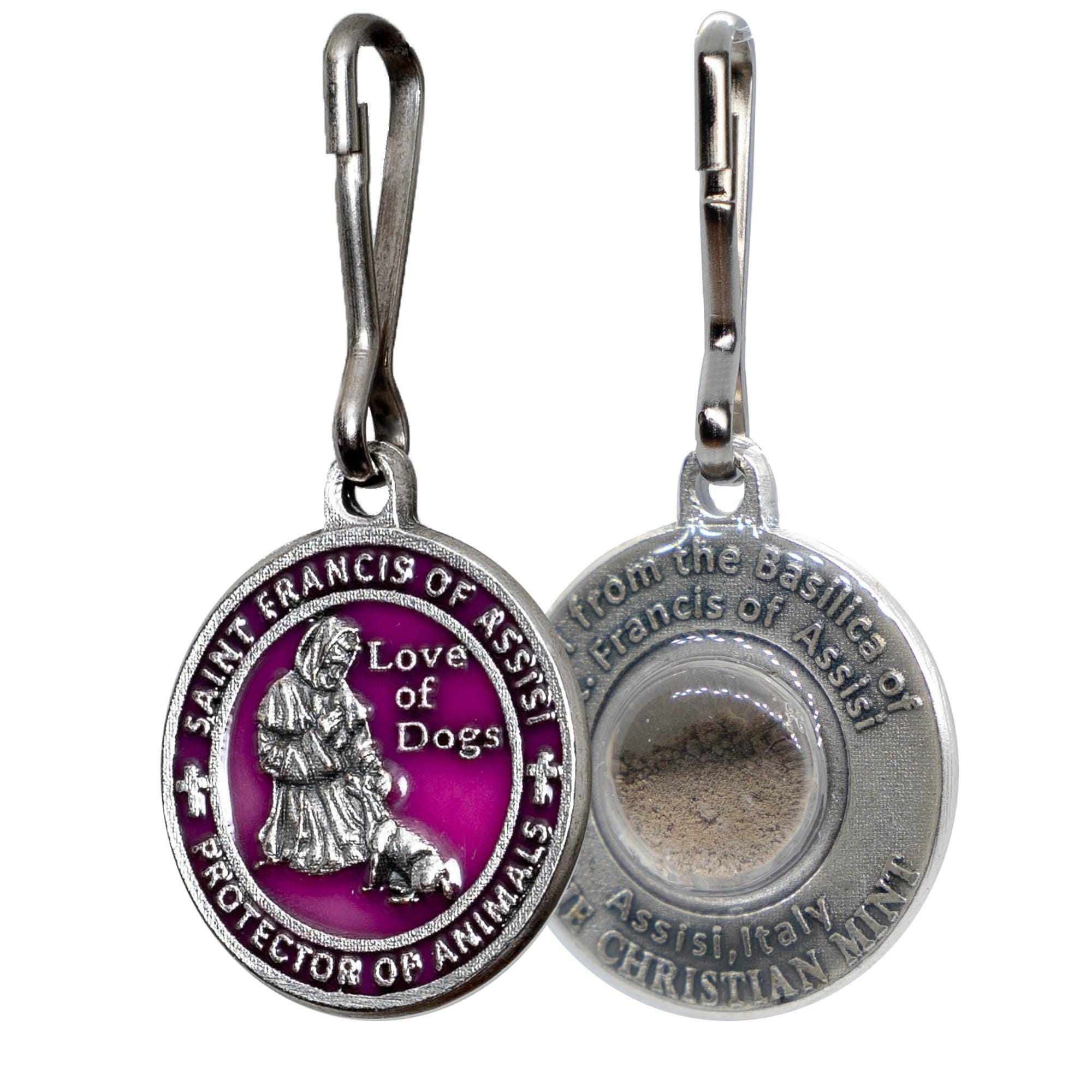 St Francis of Assisi Pet Medal: Pink Enamel Dog Blessing, Assisi Soil Capsule