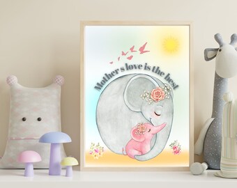 Baby and Mama Elephant Print, Watercolor Print, Kids Room Decor, Elephant Nursery Art Print