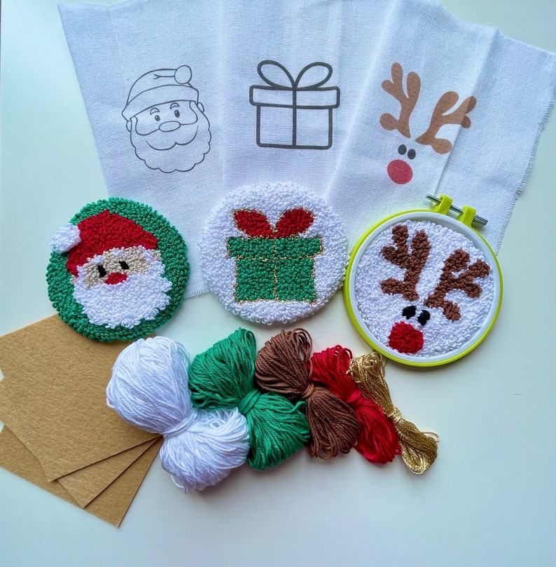 DIY Punch Needle Christmas Coasters Kit, Christmas Preprinted Patterns Etsy