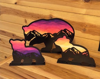 Layered Wooden Bear Family – Rustic Mountain Sunset Decor, Set of 3