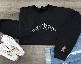 Embroidered Sweatshirt Mountain Silhouette Sweatshirt with Bigfoot Sleeve Detail | Cozy Outdoor Adventure Crewneck