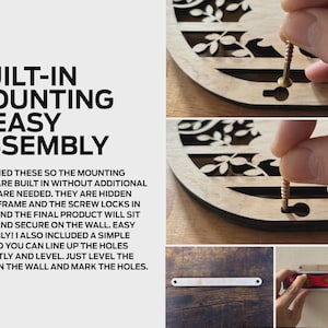May include: A close-up of a wooden wall decor with a built-in mounting system. The image shows the screw holes and a level being used to align the decor on the wall. The text "BUILT-IN MOUNTING & EASY ASSEMBLY" is visible in the image.