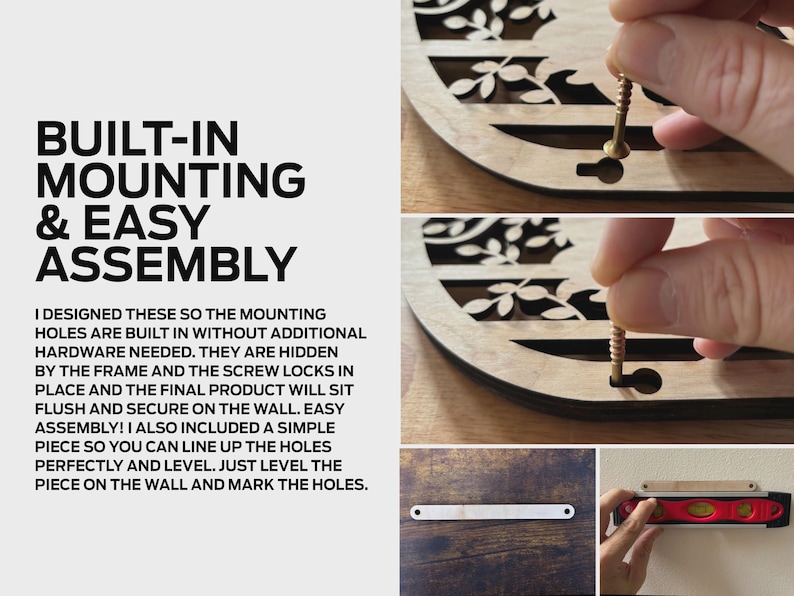 May include: A close-up of a wooden wall decor with a built-in mounting system. The image shows the screw holes and a level being used to align the decor on the wall. The text "BUILT-IN MOUNTING & EASY ASSEMBLY" is visible in the image.
