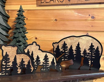Layered Black Bears with Trees—-Set of 3 – Mama Bear and 2 Cubs, Rustic Woodland Home Decor
