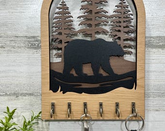 Black Bear Wooden Key Holder – Laser Engraved Rustic Wall Decor