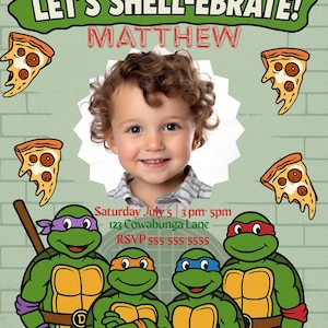 Bearbeitbare Ninja Turtles Geburtstagskarte - Retro 90er Jahre TMNT Party einladen - Canva Vorlage