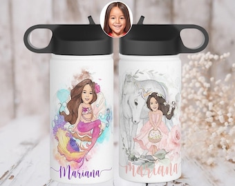 Personalized Gift for Kid Gift Unicorn Water Bottle Custom Portrait Mermaid Toddler Gift Stainless Steel Tumbler Christmas Gift for Girls