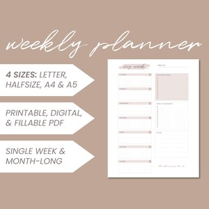 Minimalist Weekly Planner Insert for Productivity and Wellbeing | Printable, Digital + Fillable | Letter, Halfsize, A4 + A5