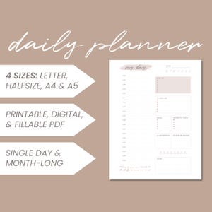 Minimalist Daily Planner Insert for Productivity and Wellbeing | Printable, Digital + Fillable | Letter, Halfsize, A4 + A5