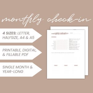 Minimalist Monthly Check-In Insert for Productivity and Wellbeing | Printable, Digital + Fillable | Letter, Halfsize, A4 + A5