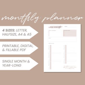 Minimalist Monthly Planner Insert for Productivity and Wellbeing | Printable, Digital + Fillable | Letter, Halfsize, A4 + A5