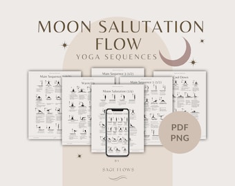 Secuencias de yoga de flujo de saludo a la luna, clase de yoga preparada, con señales, guía de respiración, nombres en sánscrito, archivos PDF PNG imprimibles