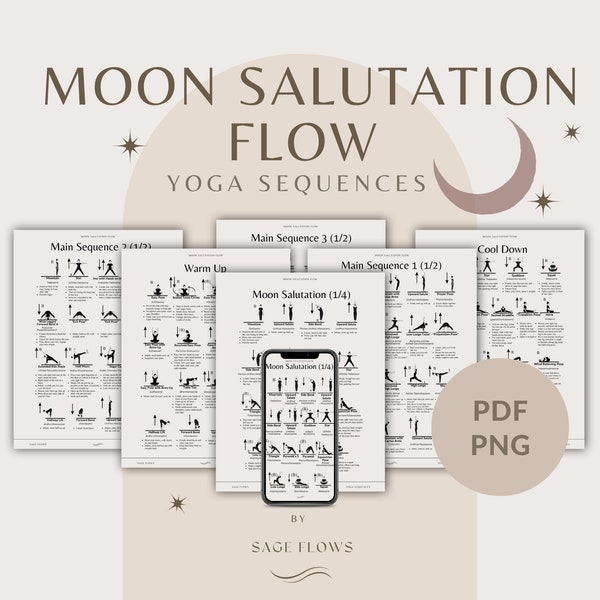 Moon Salutation Flow Yoga Sequences, ready made yoga class, with cues, breathing guidance, Sanskrit names, printable PDF PNG files