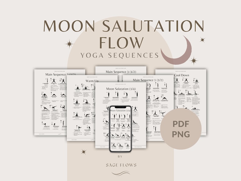 Moon Salutation Flow Yoga-Schritte, vorgefertigte Yoga-Klasse, mit Hinweisen, Atemanleitungen, Sanskrit-Namen, druckbare PDF-PNG-Dateien Bild 1