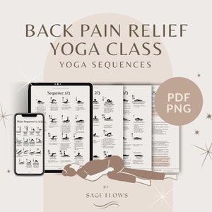 Lezione di yoga per alleviare il mal di schiena, lezione di yoga dolce di 30 minuti, con suggerimenti, guida alla respirazione, nomi in sanscrito, download digitale, file pdf e png