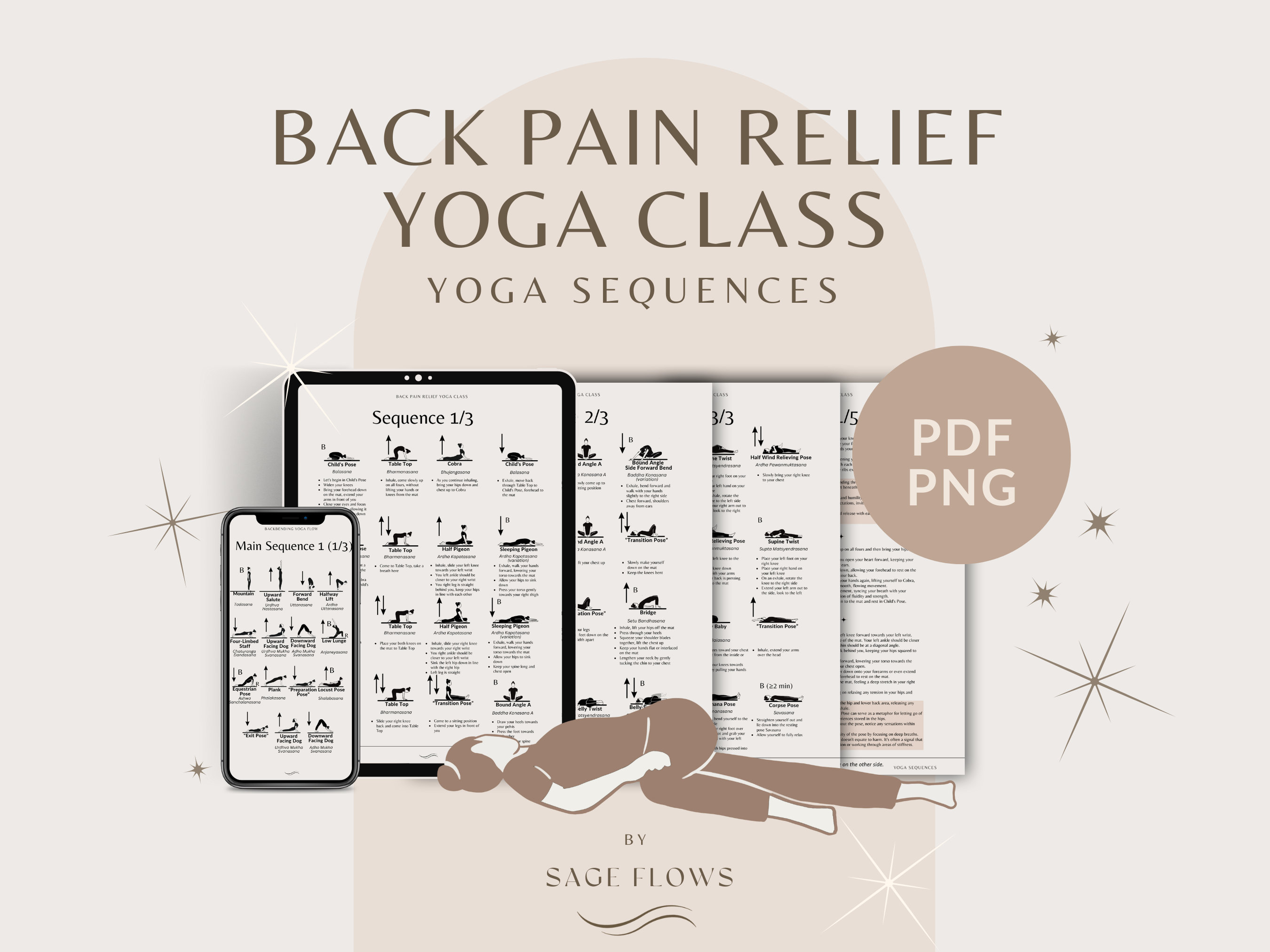 Back Pain Relief Yoga Class, Gentle 30-minute Sequence, PDF & PNG