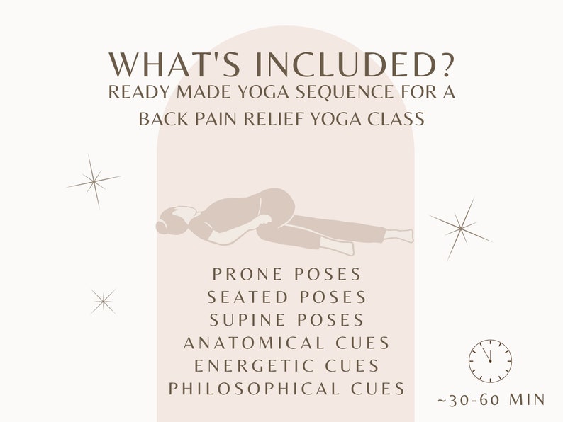 Puede incluir: Ilustraci&oacute;n de una secuencia de yoga para aliviar el dolor de espalda. La ilustraci&oacute;n muestra a una persona en una postura prona. El texto incluye "What's Included?", "Ready Made Yoga Sequence for a Back Pain Relief Yoga Class", "Prone Poses", "Seated Poses", "Supine Poses", "Anatomical Cues", "Energetic Cues", "Philosophical Cues", y "~30-60 MIN".