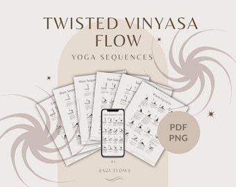 Twisted Vinyasa Flow Yoga Sequences, clase de yoga imprimible, incluye señales, guía de respiración, nombres sánscritos, guía de yoga de descarga digital