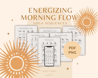 Sequenze energizzanti di yoga del flusso mattutino, lezione di yoga mattutina e respirazione, con suggerimenti, guida alla respirazione, nomi in sanscrito, file PDF e PNG