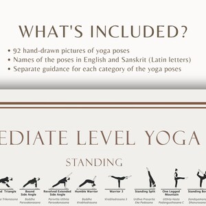 Affiche de 92 poses de yoga de niveau intermédiaire, hatha et asanas modernes, avec noms sanskrits, catégories de conseils de poses de yoga, fichiers PNG et PDF image 6