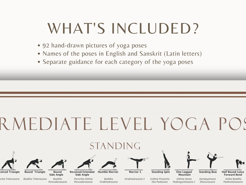 92 Intermediate Level Yoga Poses Poster, Hatha and modern asanas, with Sanskrit names, categories of yoga poses guidance, PNG and PDF files image 6