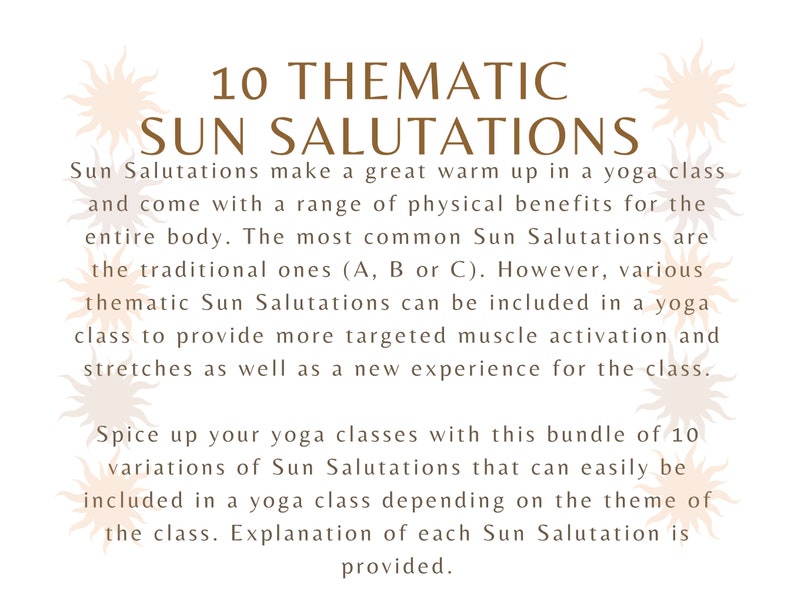 10 Thematic Sun Salutations Yoga Sequences, with cues, breathing guidance, Sanskrit names, printable PDF PNG files zdjęcie 2