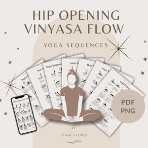 Hip Opening Vinyasa Flow Yoga Sequences, includes cues, breathing guidance, Sanskrit names, digital download, pdf and png file