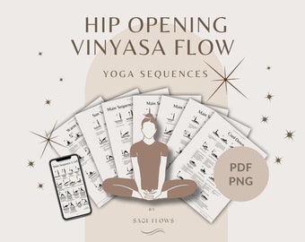 Hip Opening Vinyasa Flow Yoga Sequences, includes cues, breathing guidance, Sanskrit names, digital download, pdf and png file