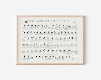 Intermediate Yoga Poses Poster, Hatha and modern asanas, with Sanskrit names, categories of yoga poses guidance, PNG and PDF files