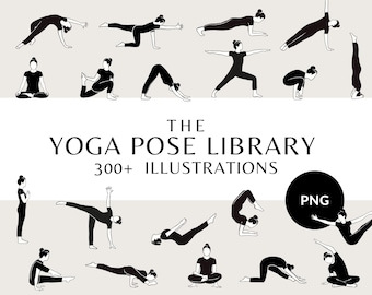 May include: A collection of black and white yoga pose illustrations. The text "The Yoga Pose Library" is displayed, along with "300+ Illustrations" and a "PNG" graphic. The poses are depicted in a minimalist style.