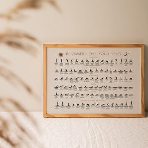 May include: A framed poster with a white background and black illustrations of yoga poses. The poster is titled "Beginner Level Yoga Poses" and includes a sun and moon symbol.