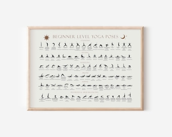 Beginner Yoga Poses Poster, Hatha and modern asanas, with Sanskrit names, categories of yoga poses guidance, PNG and PDF file