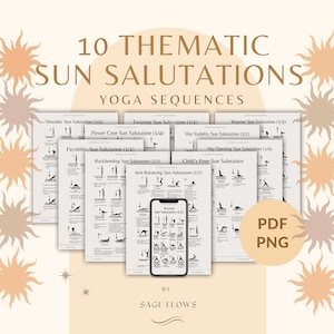 10 Thematic Sun Salutations Yoga Sequences, with cues, breathing guidance, Sanskrit names, printable PDF PNG files zdjęcie 1
