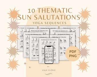 10 séquences thématiques de yoga pour la salutation au soleil, avec signaux, conseils respiratoires, noms sanskrits, fichiers PDF PNG imprimables