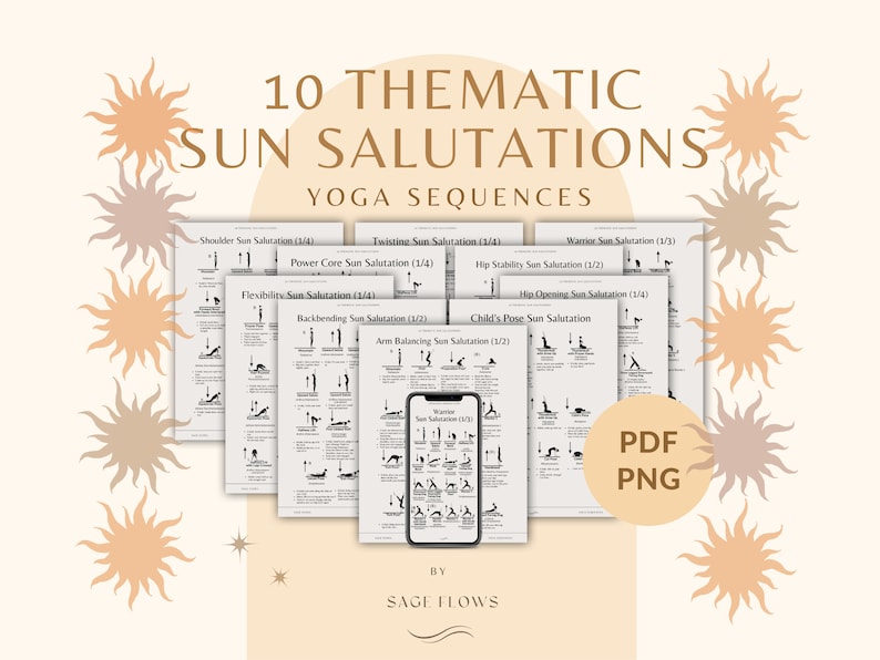 10 Thematic Sun Salutations Yoga Sequences, with cues, breathing guidance, Sanskrit names, printable PDF PNG files zdjęcie 1